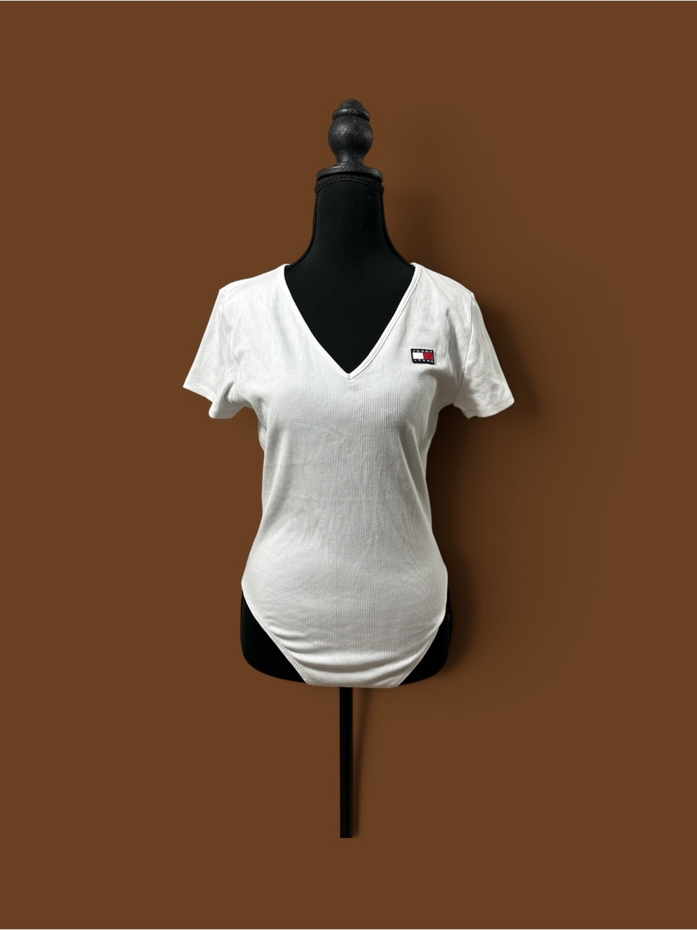 Tommy Hilfiger White V-Neck Bodysuit with Signature Flag